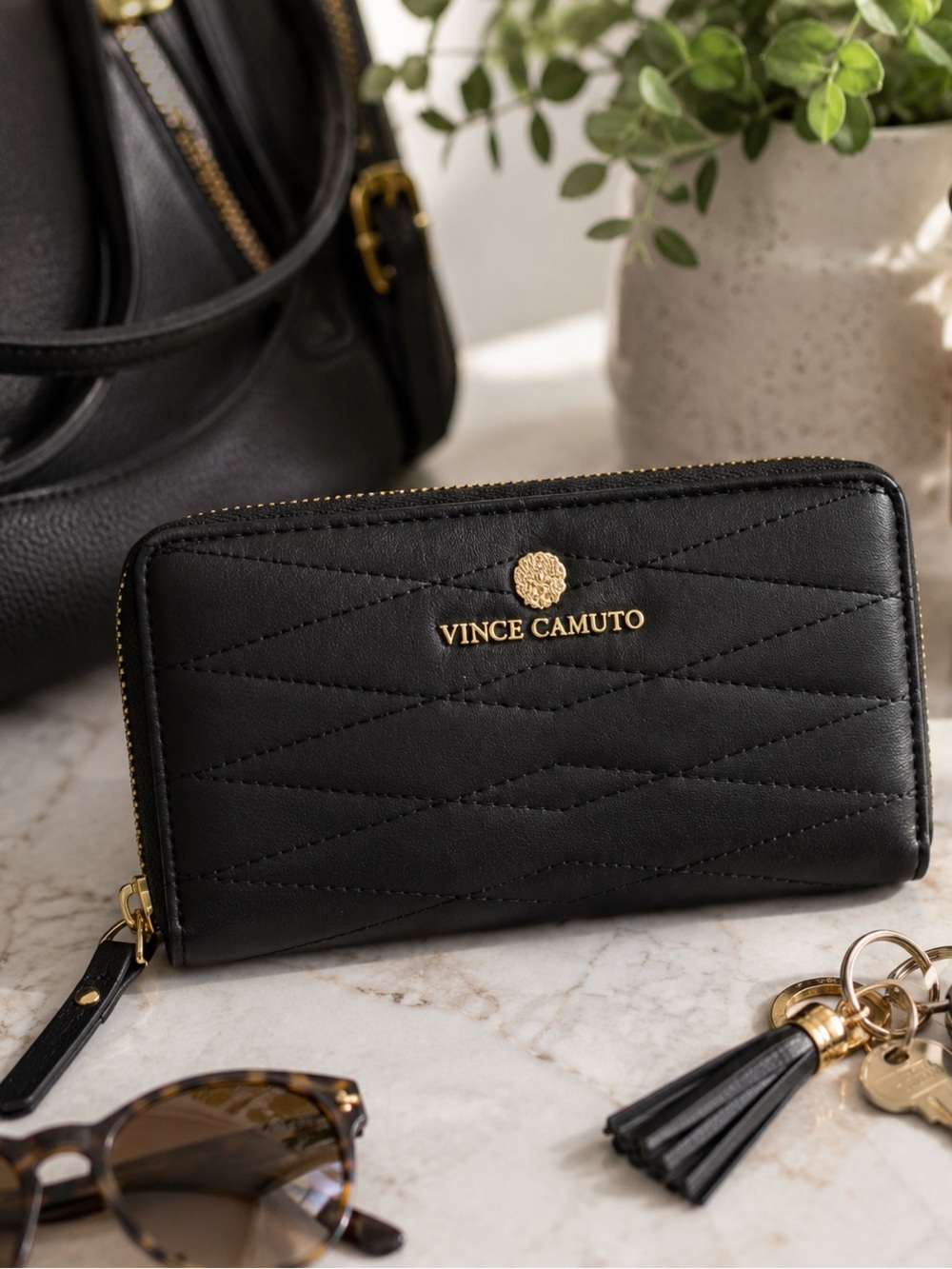 Vince Camuto Black Leather Zip Around Wallet | Quilted Gold Hardware